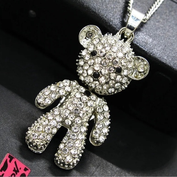 Betsy Johnson Bear Rhinestone Silver Necklace - Picture 7 of 16